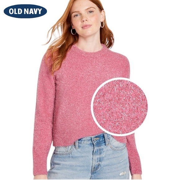 NWT Old Navy Eyelash Shine Fuzzy Pink A Boo Long Sleeve Crewneck Sweater Medium - Picture 1 of 10